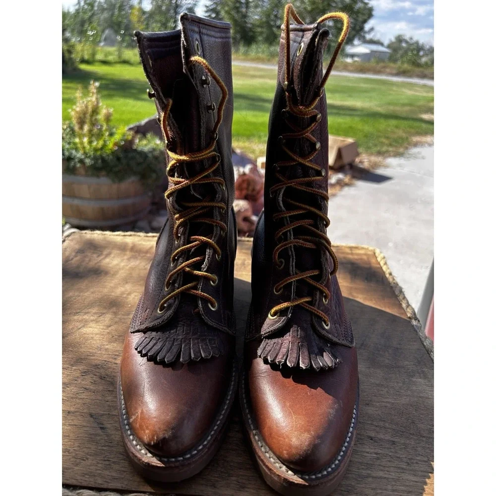 Vintage C Bar H Boot King Packer Boots Mens 7 D Brown Leather Lace Up Kiltie